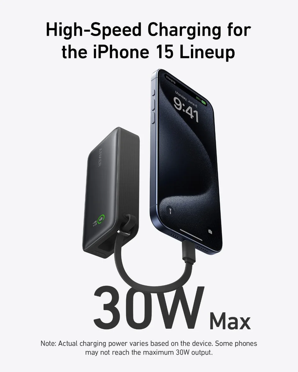 Black Anker Nano A1259 power bank with built-in USB-C cable