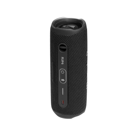 Control buttons and side profile on the black speaker.