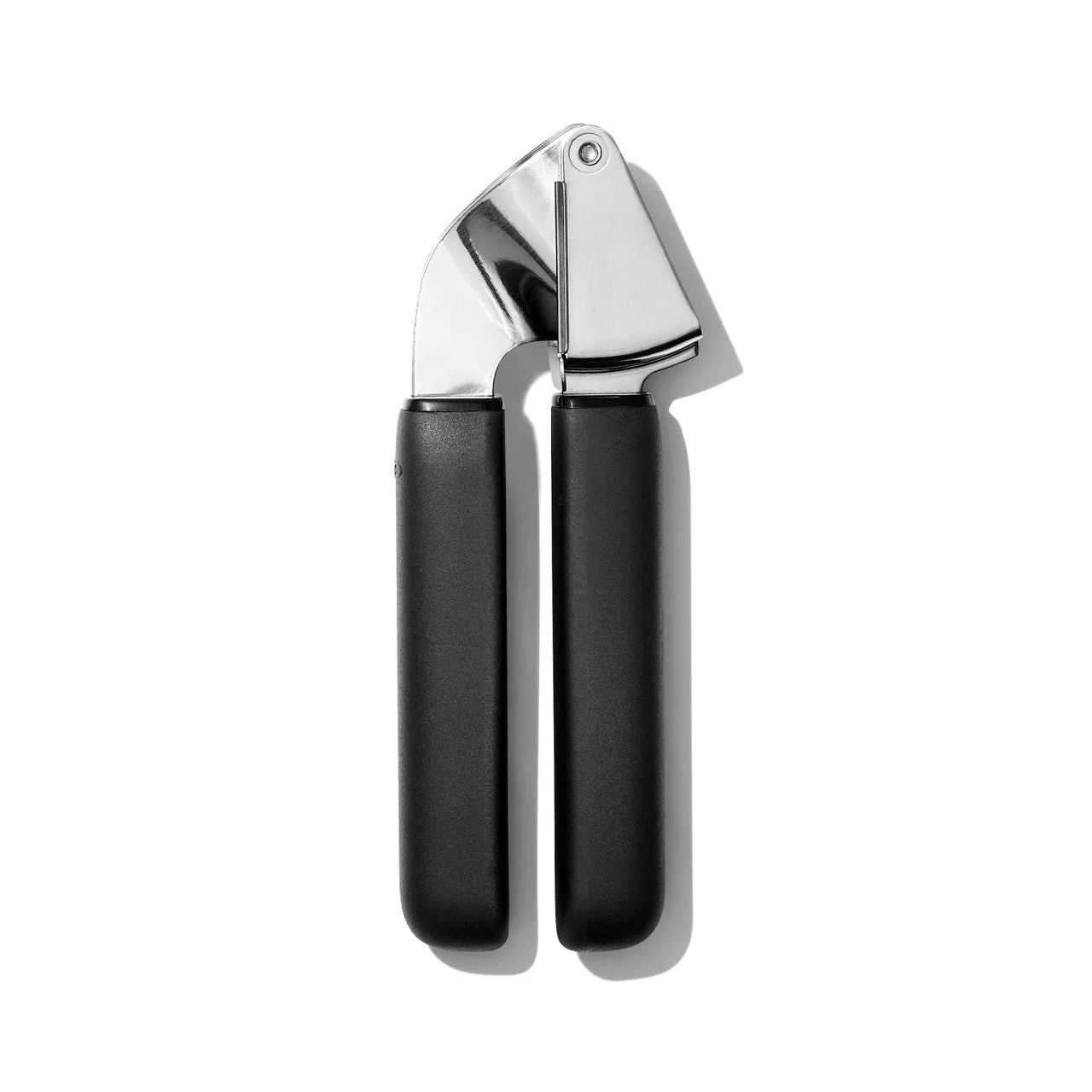 OXO stainless steel garlic press closed.