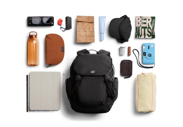 Bellroy Cinch Backpack: An illustrative loadout: the pictured computer does not establish a padded laptop compartment.