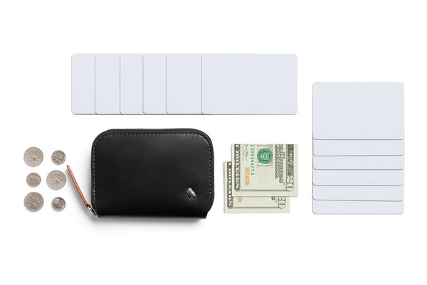 Bellroy Folio Mini: Manufacturer example of cards, folded cash and coins around the wallet.