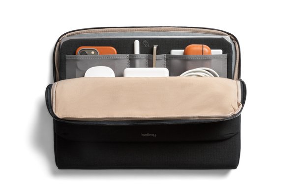Bellroy Laptop Caddy: The front opens to expose separated small accessories.