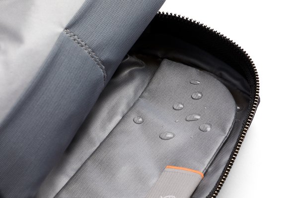 Close-up of water droplets on the grey lining inside the standard Bellroy Toiletry Kit