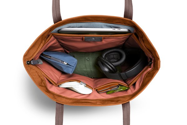 Bellroy Tokyo Tote: The wide opening reveals the laptop and internal storage.