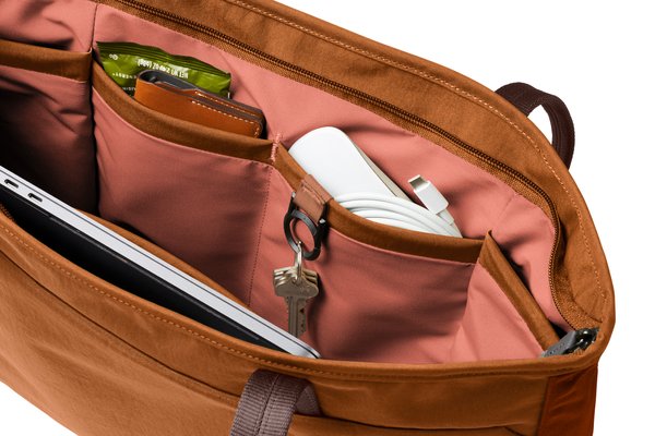 Bellroy Tokyo Tote: Interior organization and key attachment shown close up.