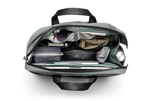 Bellroy Tokyo Work Bag: Manufacturer packing photo shows a laptop and accessories occupying the main compartment.