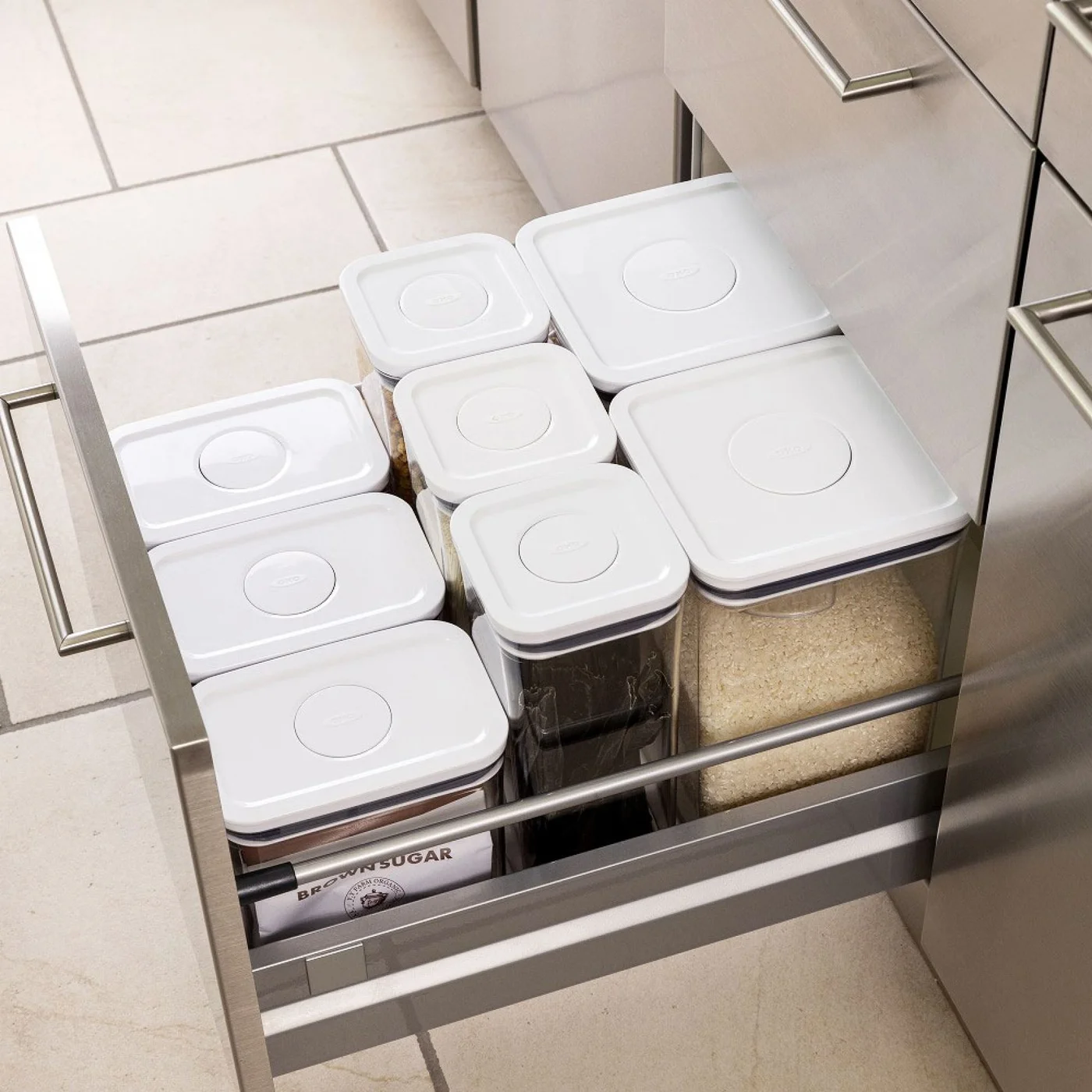 A mixed POP container collection arranged in a drawer