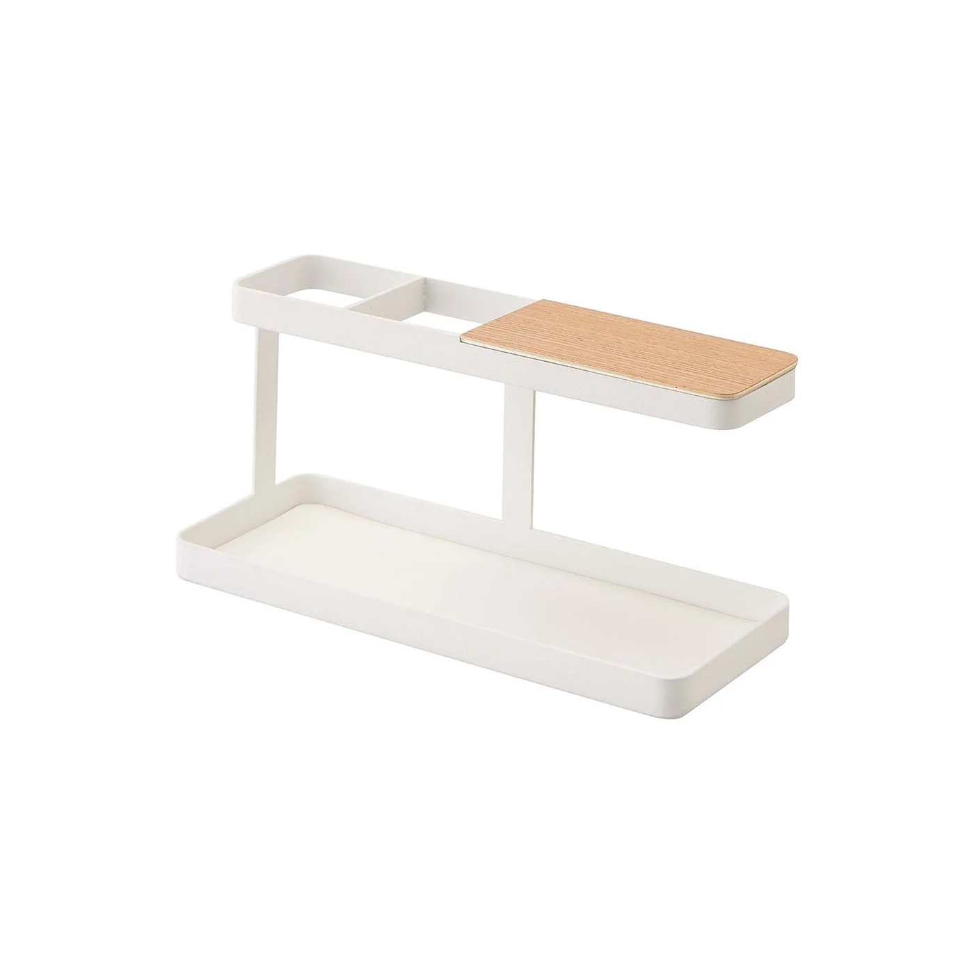 White Yamazaki Tower Deskbar with a wood-topped upper bar and lower tray