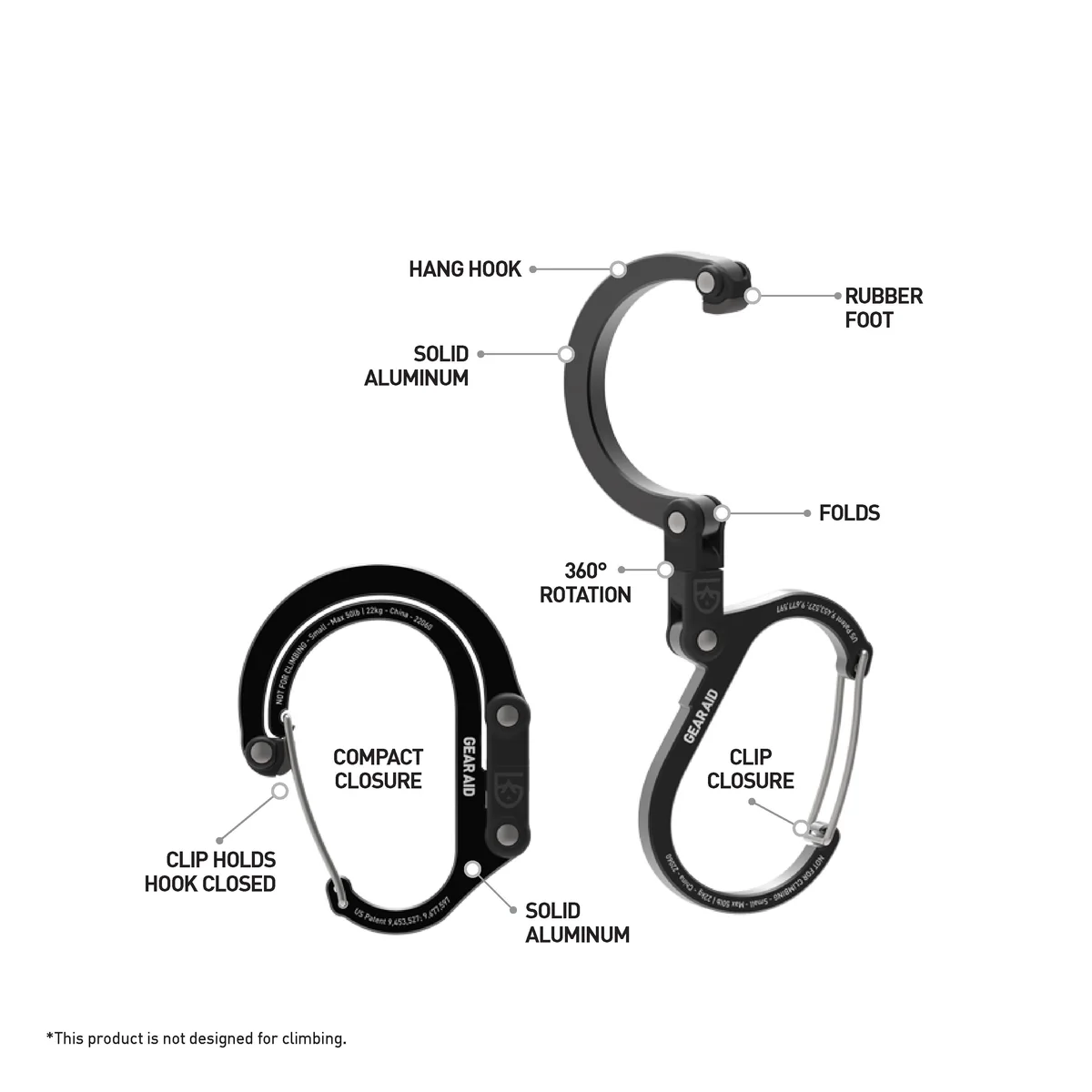 GEAR AID manufacturer diagram explaining the Heroclip Small folding hook, swivel joint and clip