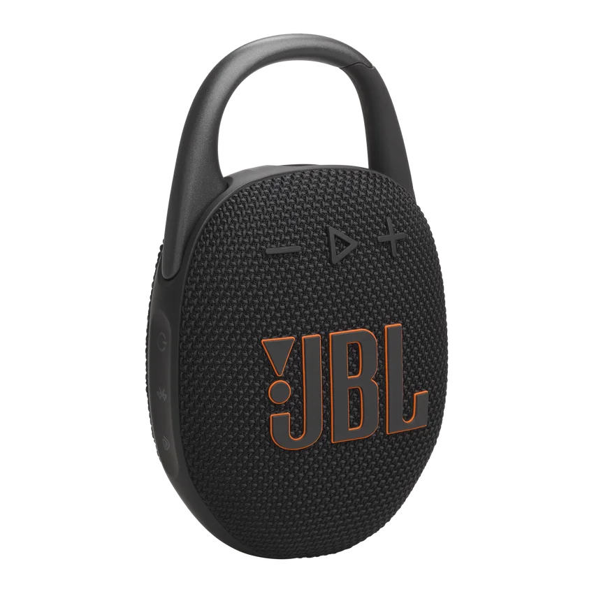 JBL Clip 5 Black at a three-quarter angle with integrated carabiner