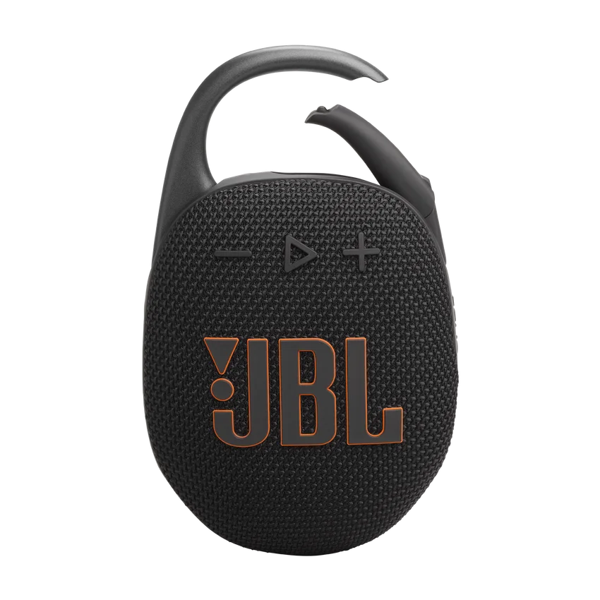 Front view showing JBL Clip 5 grille and playback buttons