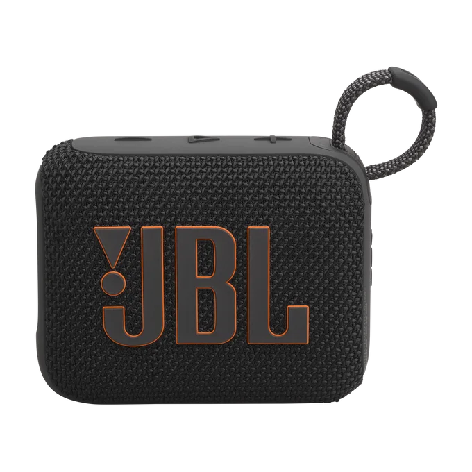 JBL manufacturer front photograph of the black Go 4 speaker