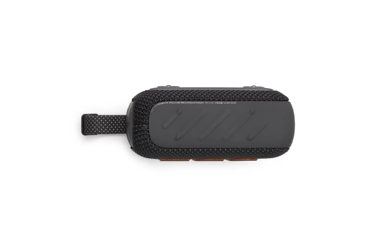 Bottom of the black JBL Go 4 speaker with textured resting surface