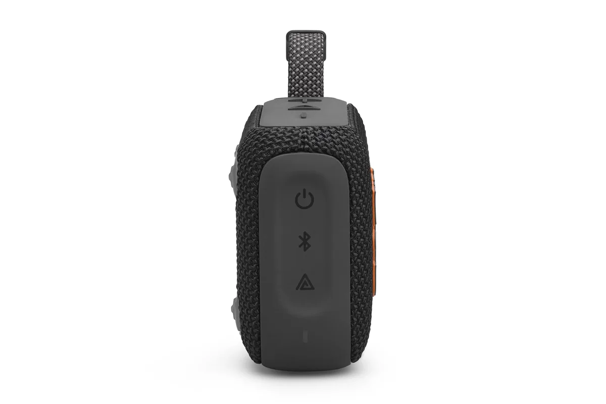 Side of black JBL Go 4 showing its power and Bluetooth controls
