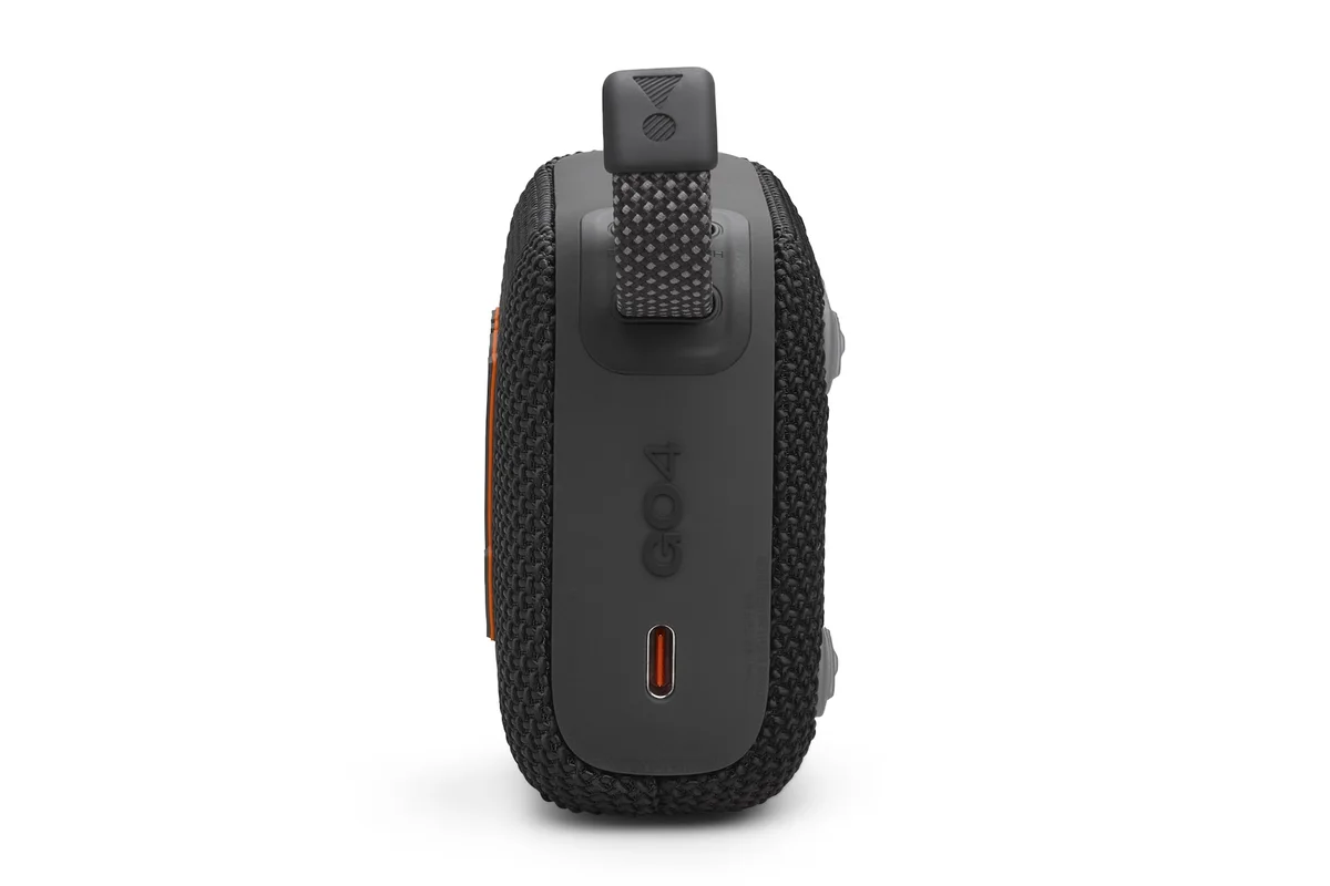 Side of black JBL Go 4 showing the USB-C charging port
