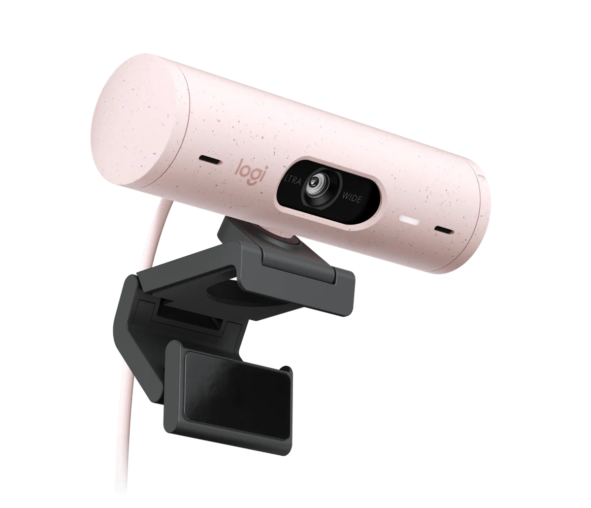 Rose Logitech Brio 500 on a monitor mount