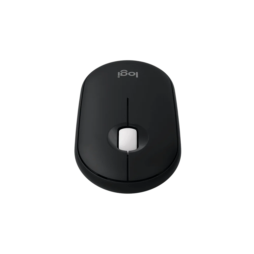 Black Logitech Pebble Mouse 2 M350s viewed from the front