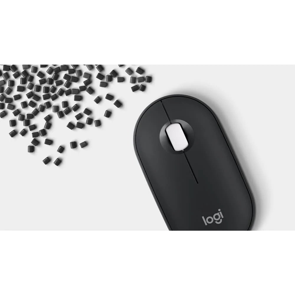 Black Pebble Mouse 2 M350s shown with illustrative recycled-material fragments