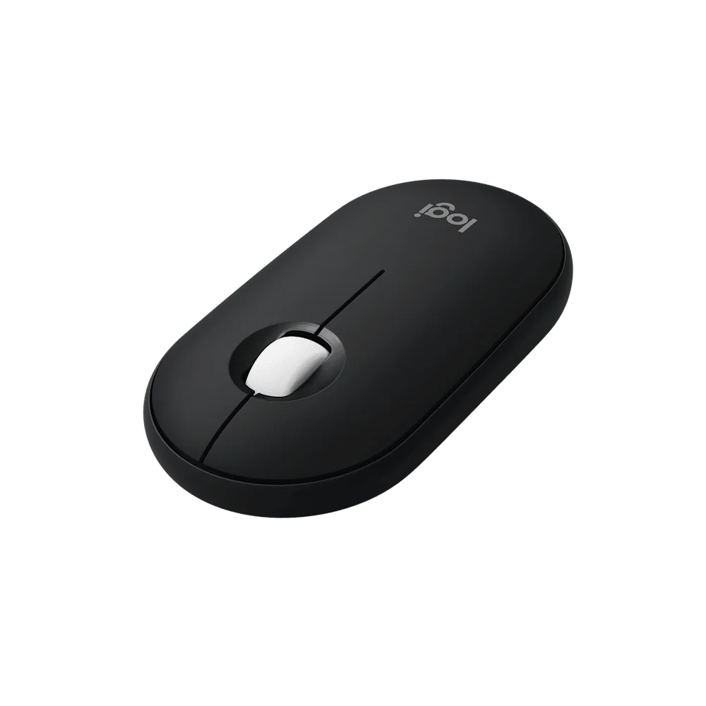 Black Logitech Pebble Mouse 2 M350s in three-quarter view