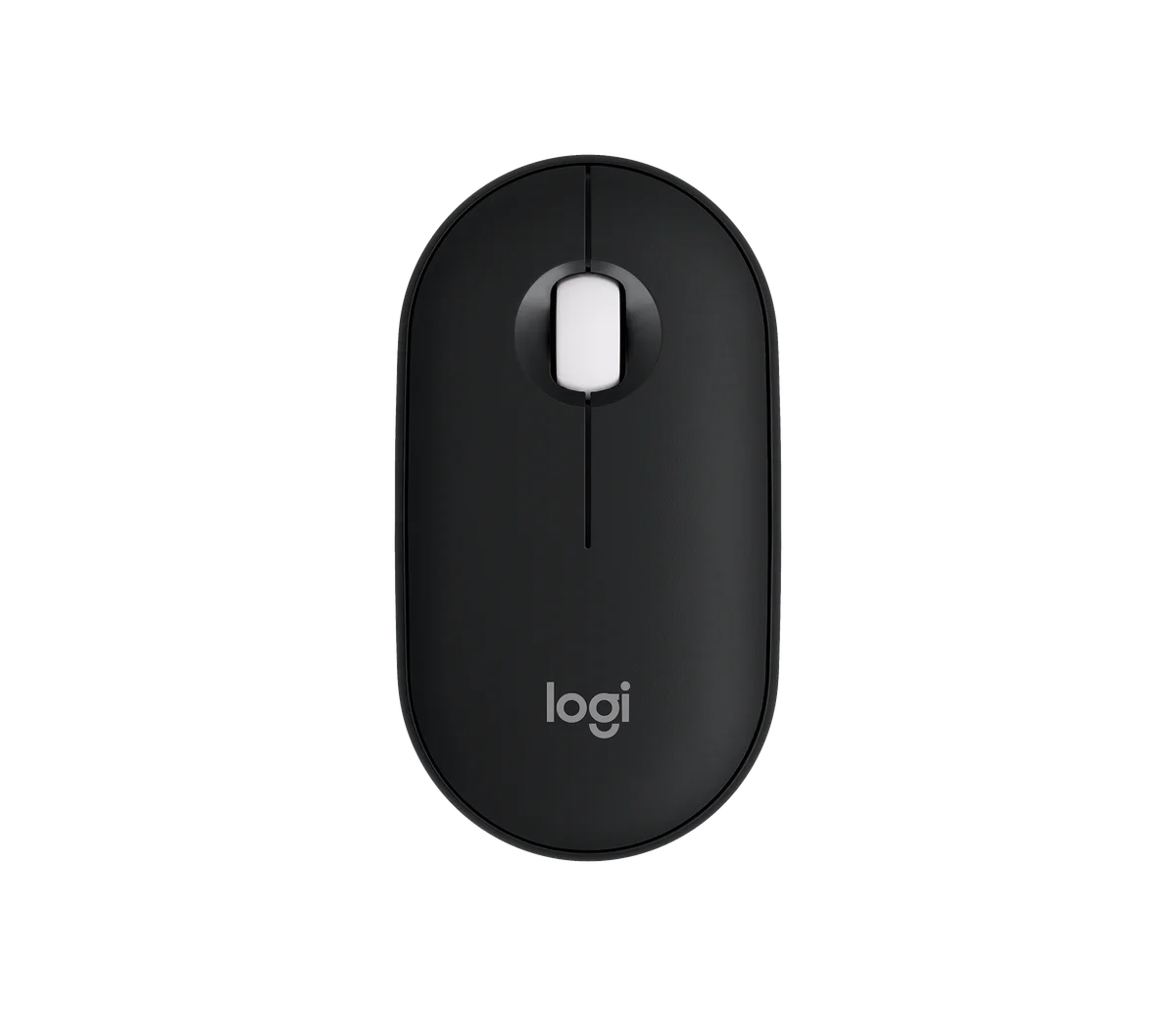 Black Logitech Pebble Mouse 2 M350s, top-angle product view