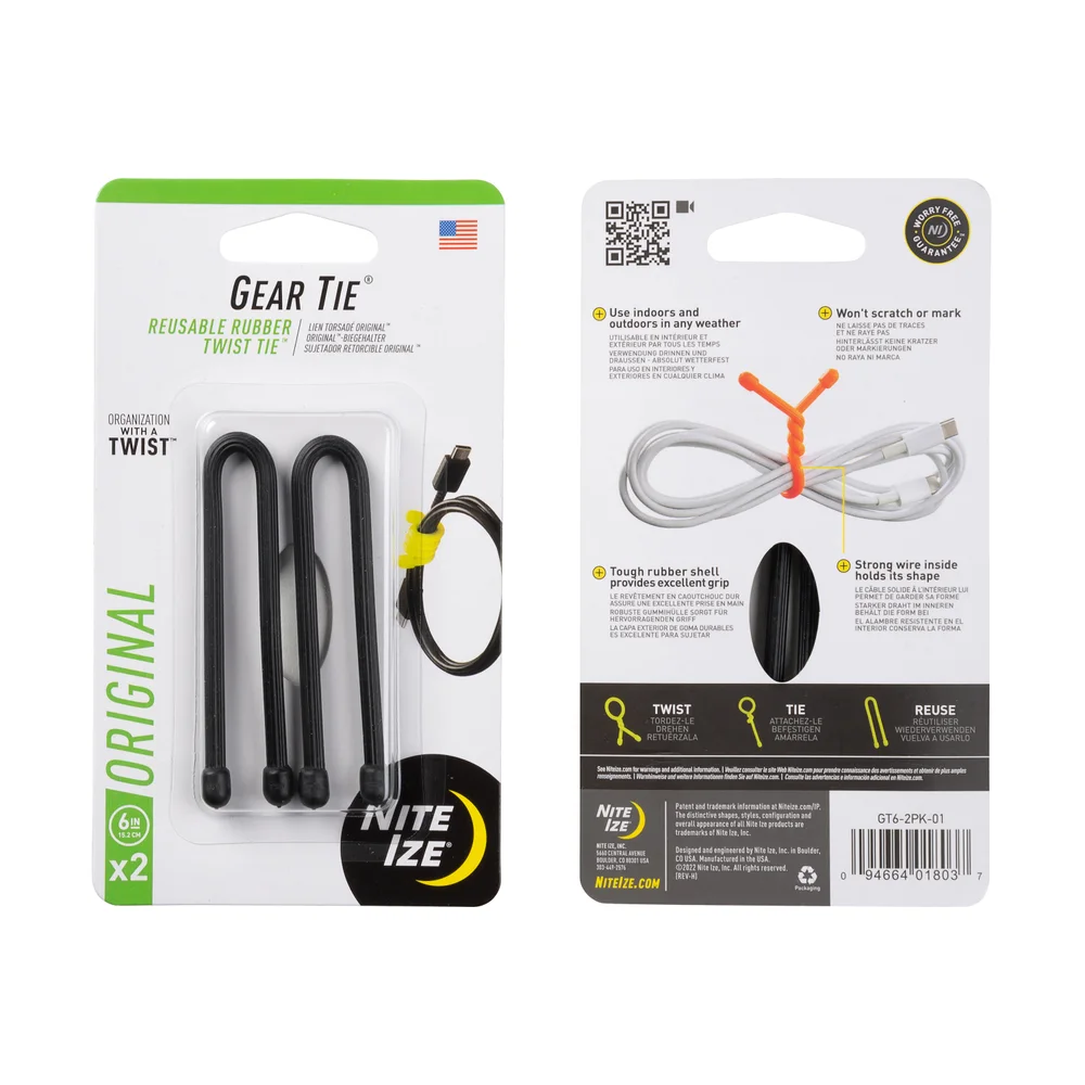 Original black six-inch Nite Ize Gear Ties in a manufacturer two-pack reference photograph
