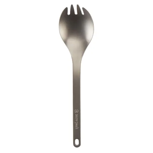 Uncoloured titanium spork with one-piece handle.