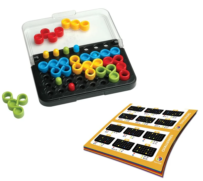 IQ Twist with its open travel board, loose coloured pieces and printed challenge booklet.