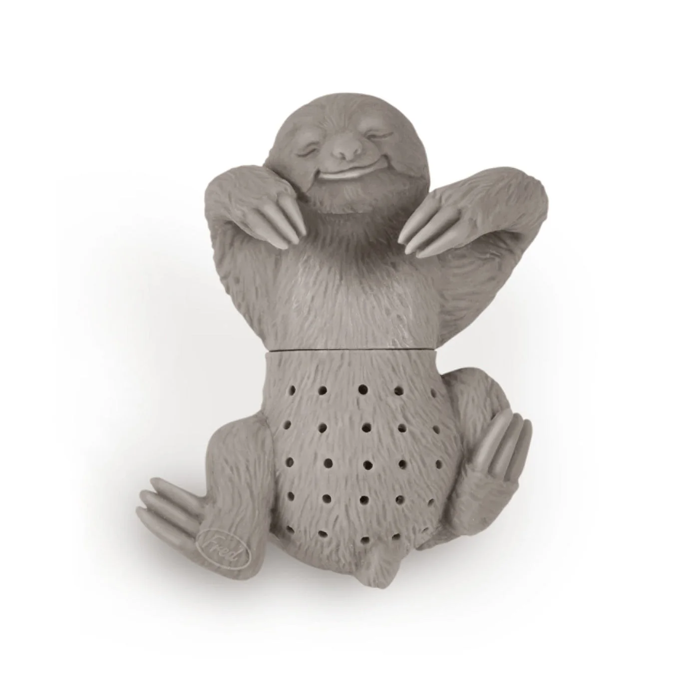 A gray sloth-shaped silicone infuser: the small belly holds the tea.