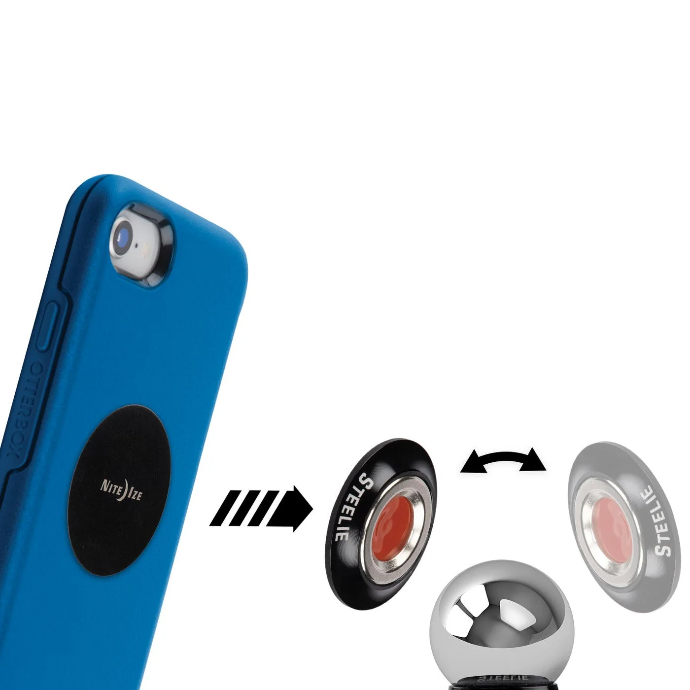 Exploded reference showing phone plate, magnetic socket and dashboard ball; phone and case not included.