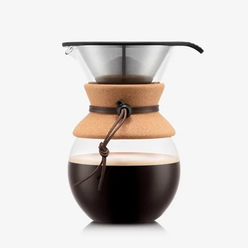 Selected one-litre glass pour-over carafe with cork grip.