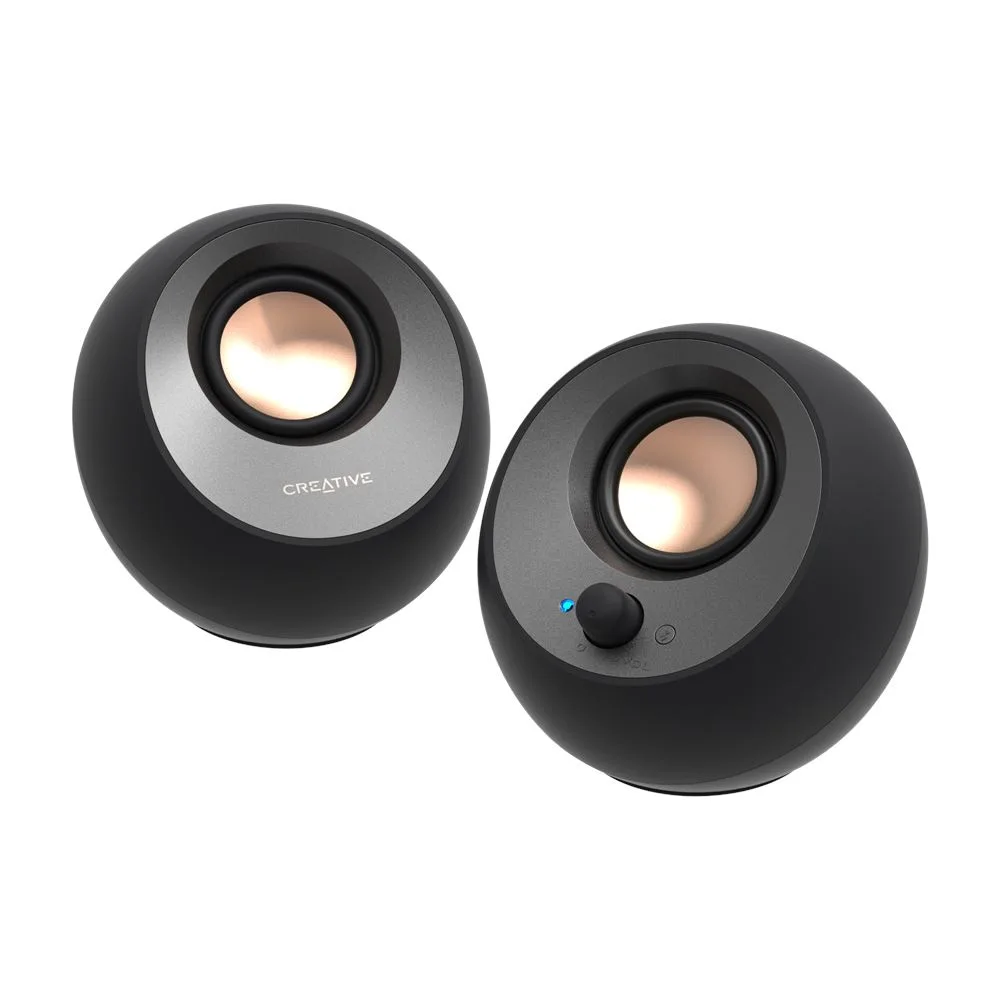 Black Pebble V3 desktop speaker pair with front volume control.