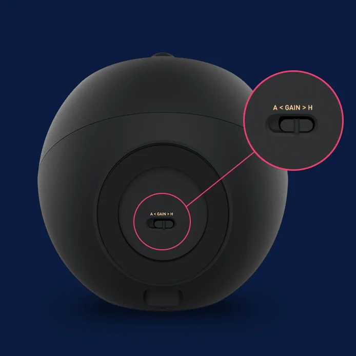 Manufacturer close-up identifying the high-gain switch and required power rating.