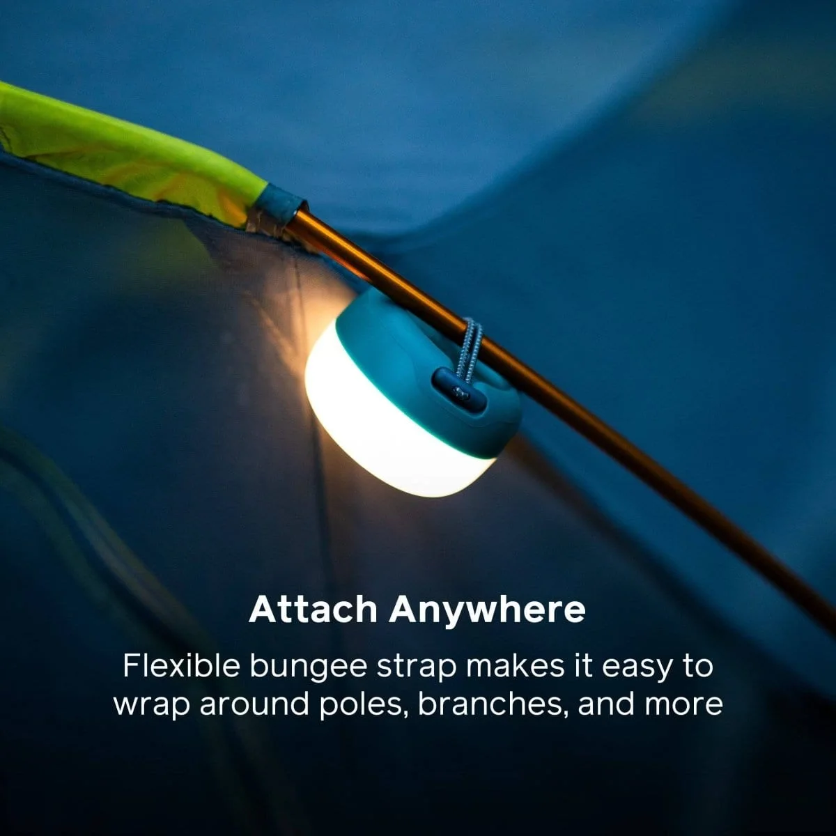 The integrated bungee allows hanging from suitable tent loops or branches.
