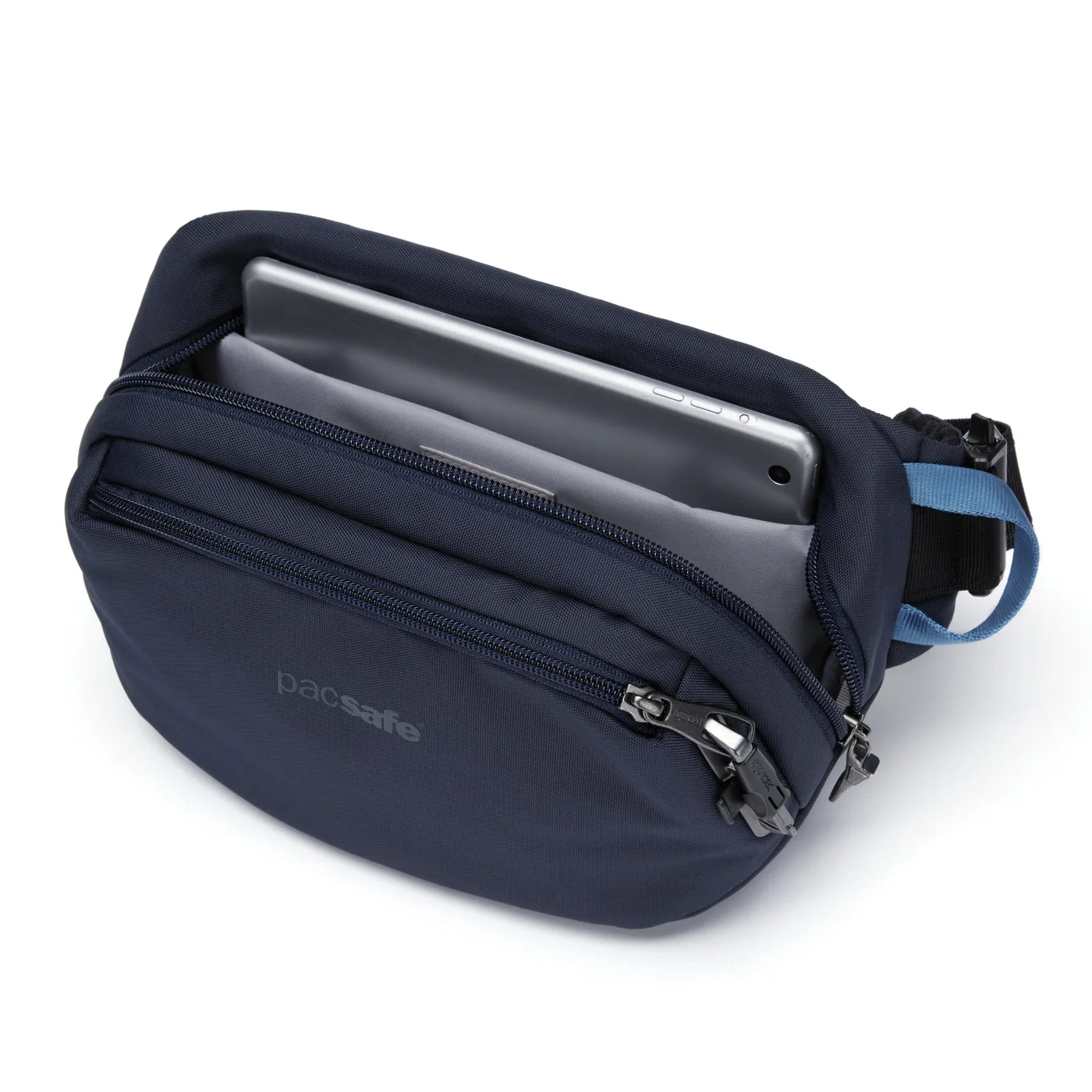 Separate compartments organise a small tablet and daily essentials; verify your device dimensions.