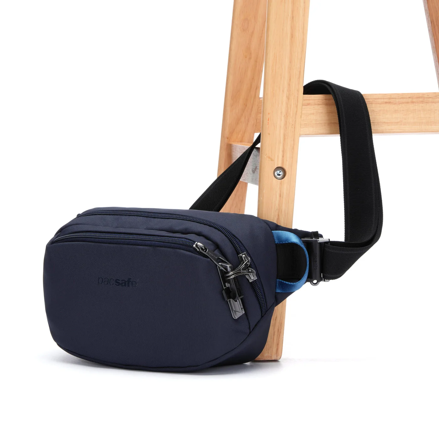 PopNLock attachment around a chair illustrates the removable strap connection, not theft-proof storage.