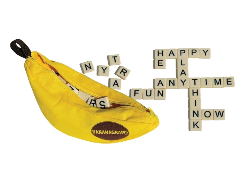 English letter tiles arranged beside the open pouch; example words, not a required winning layout.