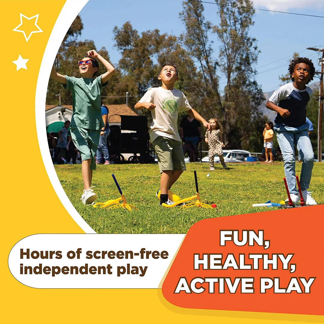 Outdoor rocket play shown by Stomp Rocket; use a clear launch and landing area.