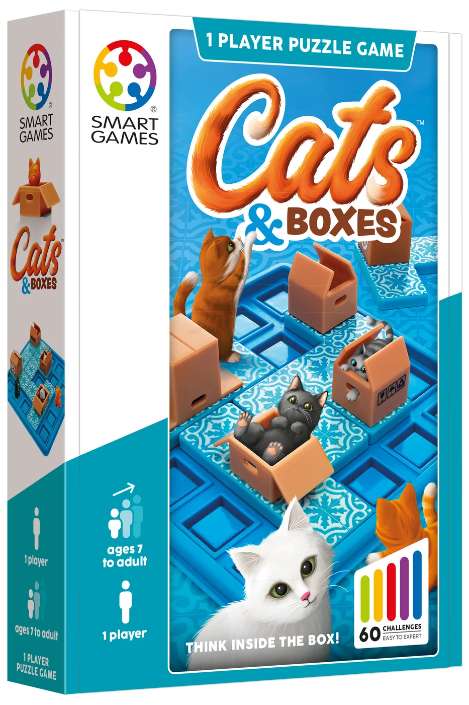Cats & Boxes packaging presents the one-player puzzle theme, not a competitive party game.