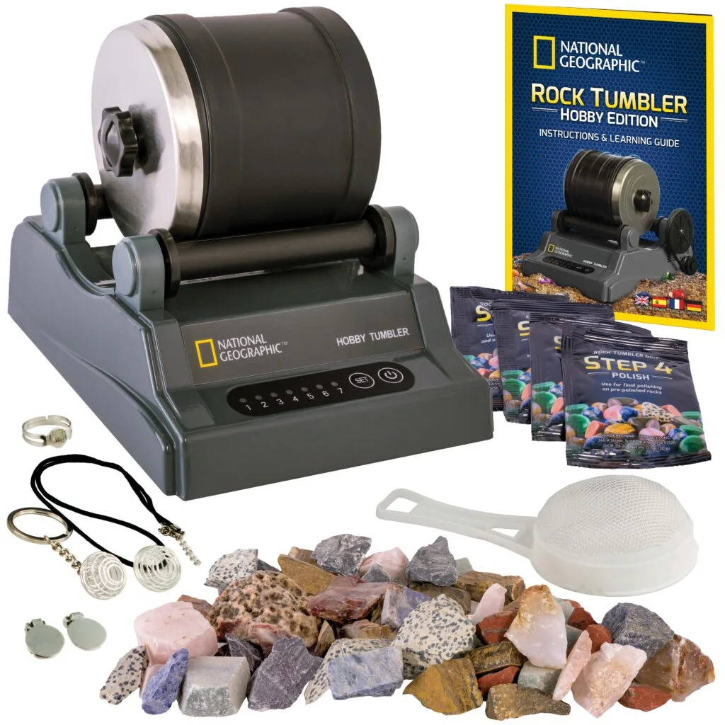 Hobby tumbler with rough stones and starter accessories; check the current retailer pack contents.