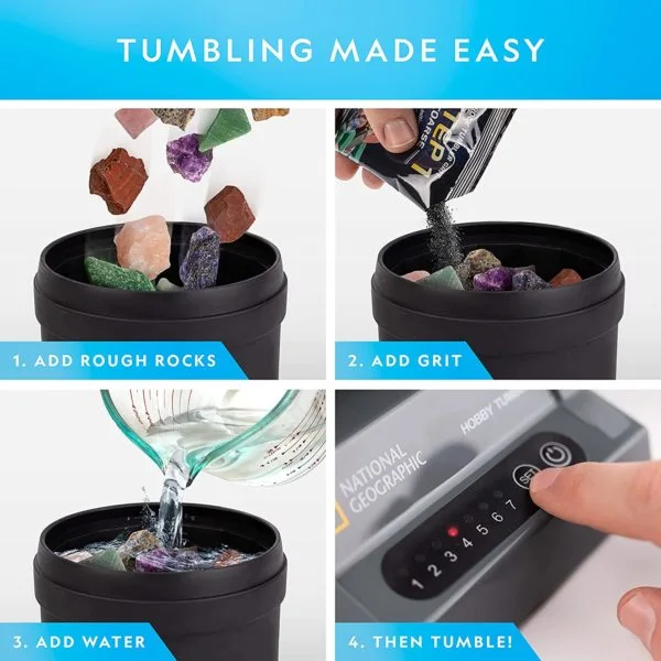 Maker diagram explains adding suitable rocks, grit and water before setting the timer; follow the supplied instructions.