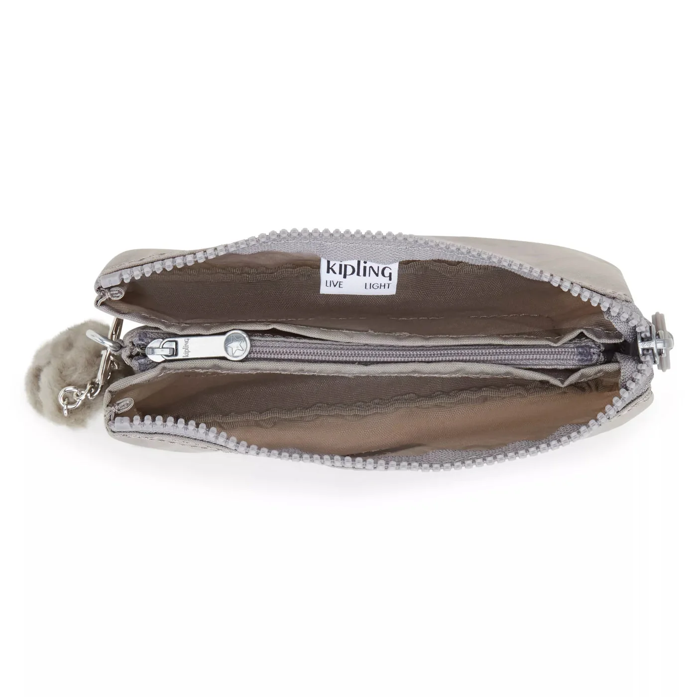Open pouch showing three internal sections.
