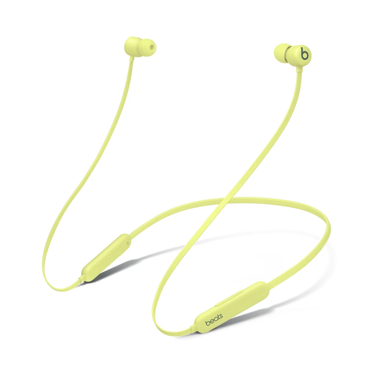 Beats Flex Yuzu Yellow with its connected earbud cable.
