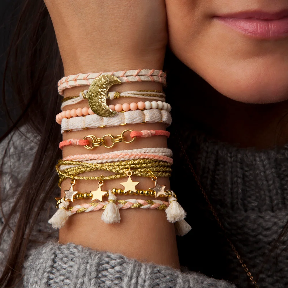 Finished bracelet stack illustrates varied textures; completion depends on the maker.