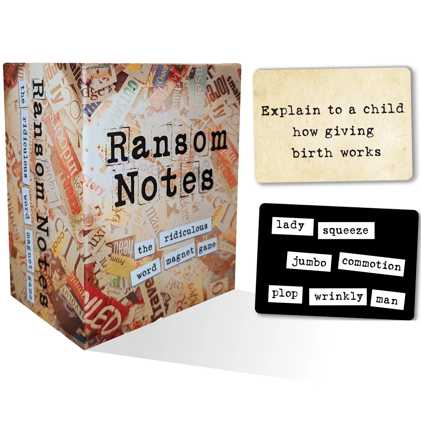 Ransom Notes base box, prompt card and a sample magnetic answer.