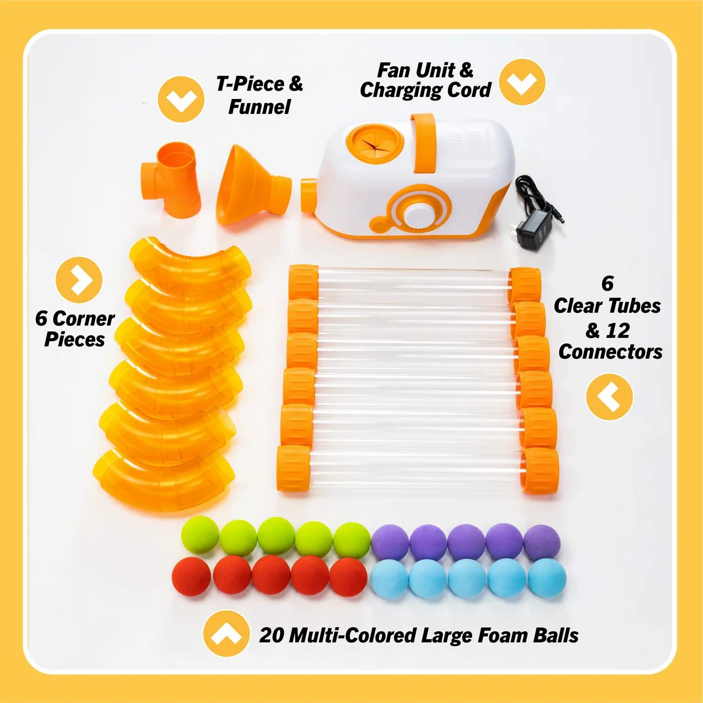 Original set contents include the fan, straight and curved tubes, connectors and twenty foam balls.