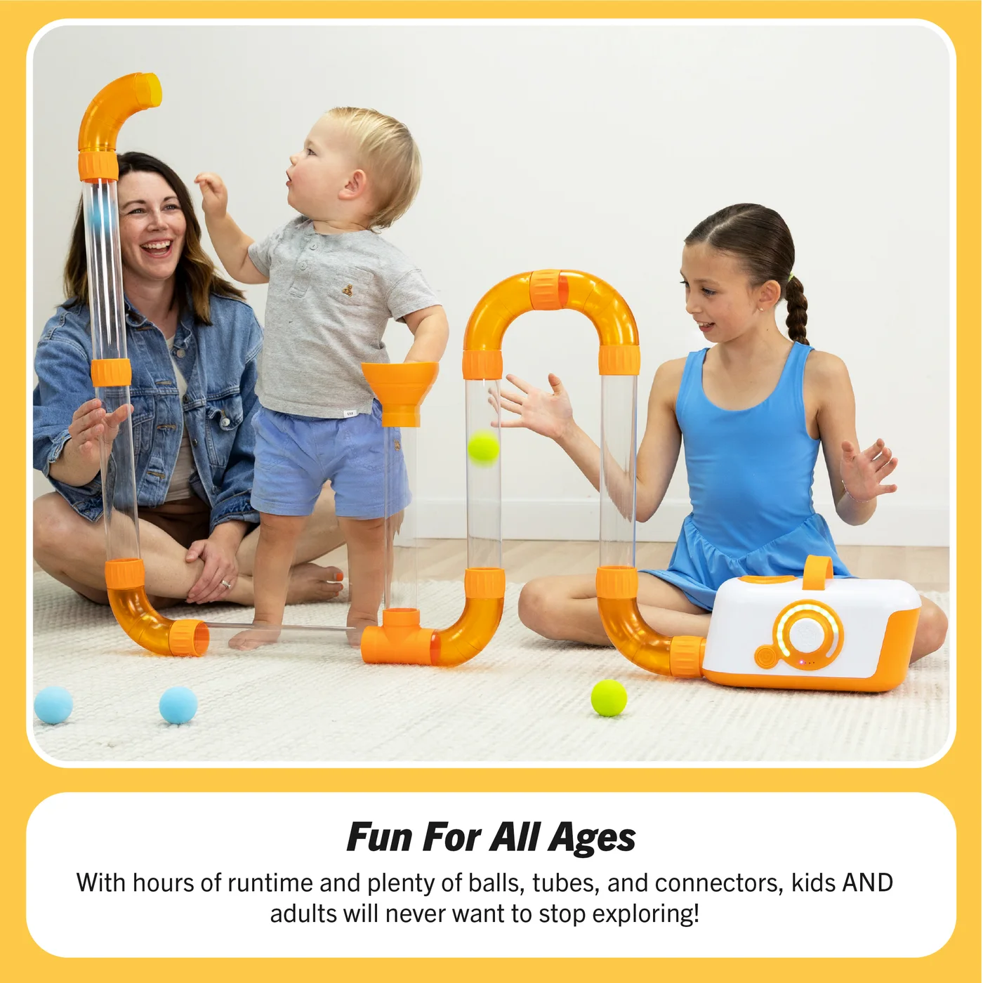 A manufacturer family-play scene shows changing a tube route rather than assembling one permanent model.