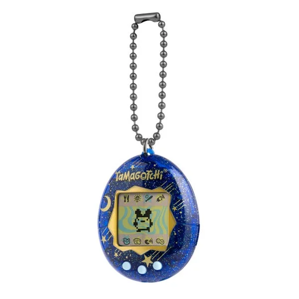 The included chain hangs above the compact virtual pet; keep the device protected in a bag.