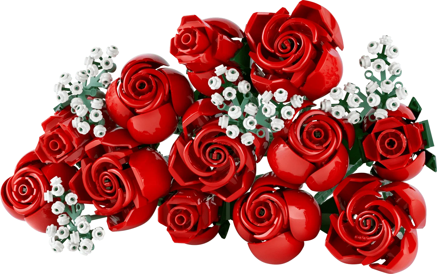 Full spread of buildable rose heads and white floral sprigs.