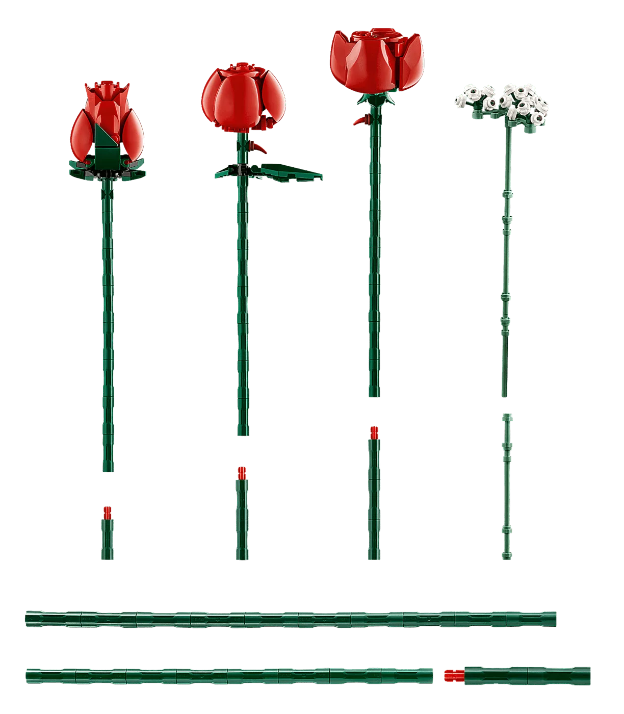 Individual stems, a white sprig and stem pieces from the set.