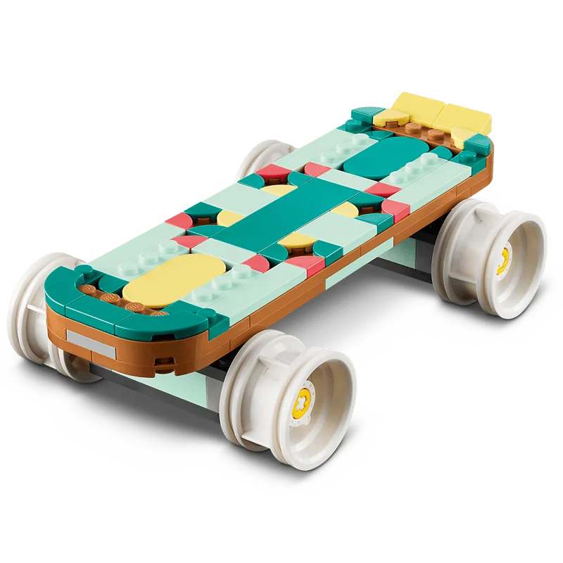 The same pieces can become a rolling miniature skateboard instead.